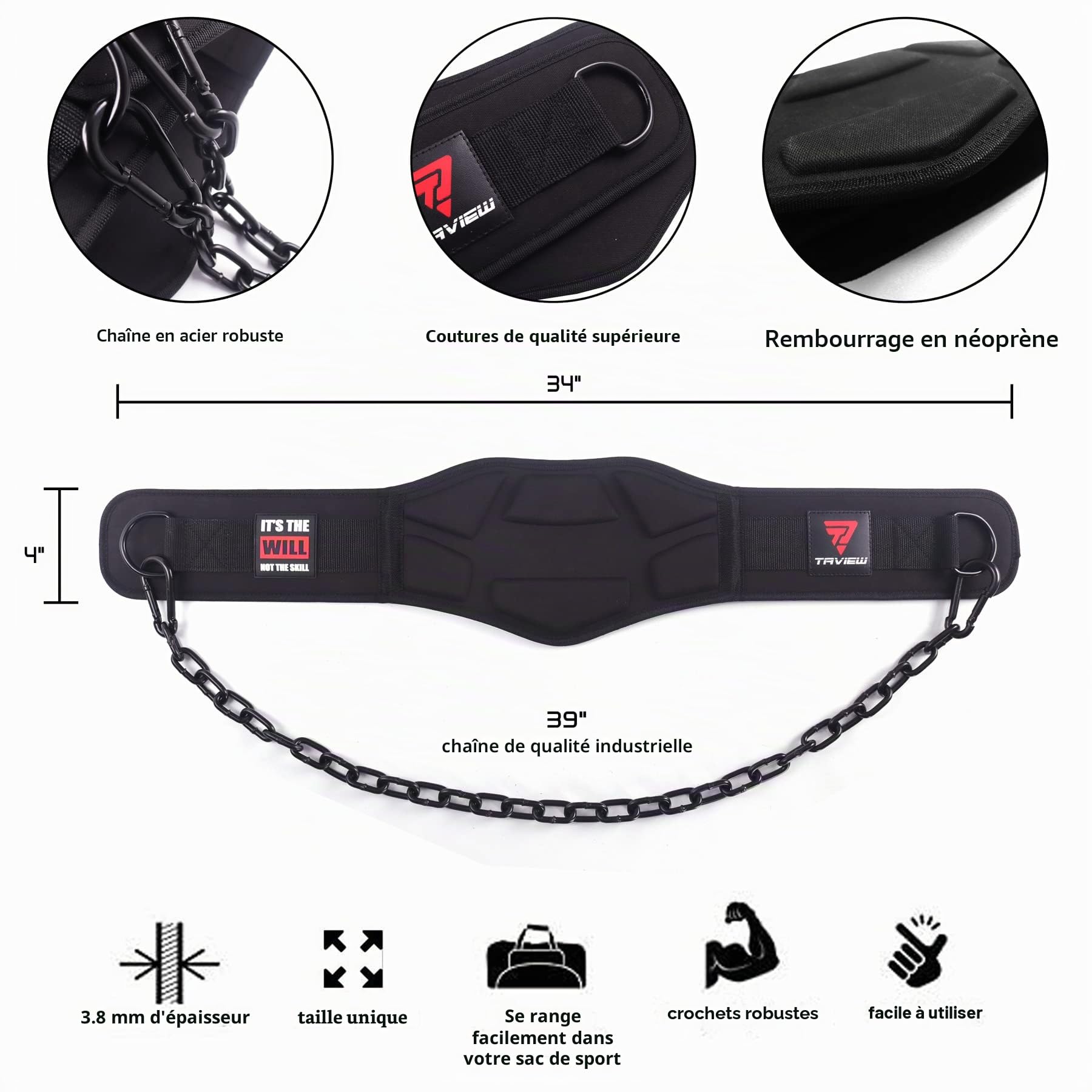 TAVIEW Ceinture de Dips avec Chaîne - Ceinture Lestée pour Tractions - Ceinture de Dips Lestée Robuste pour Entraînements - Ceinture Lestée pour Hommes et Femmes pour Musculation