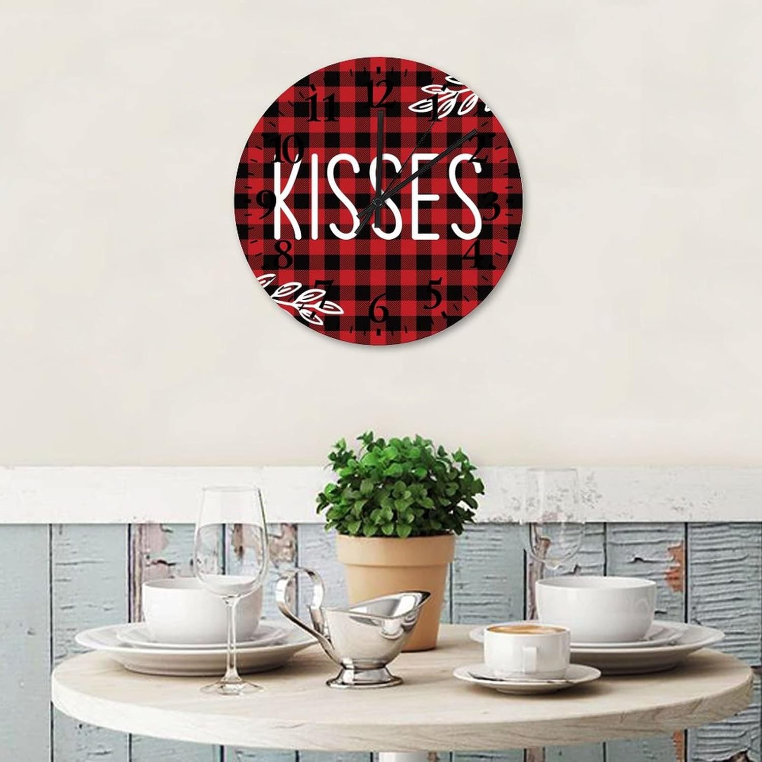 15 Inch Valentine's Day Kisses Wooden Clock Battery Operated Buffalo Plaid Check Love Quote Wooden Clocks for Walls Arabic Numbers Round Clock for Living Room Office