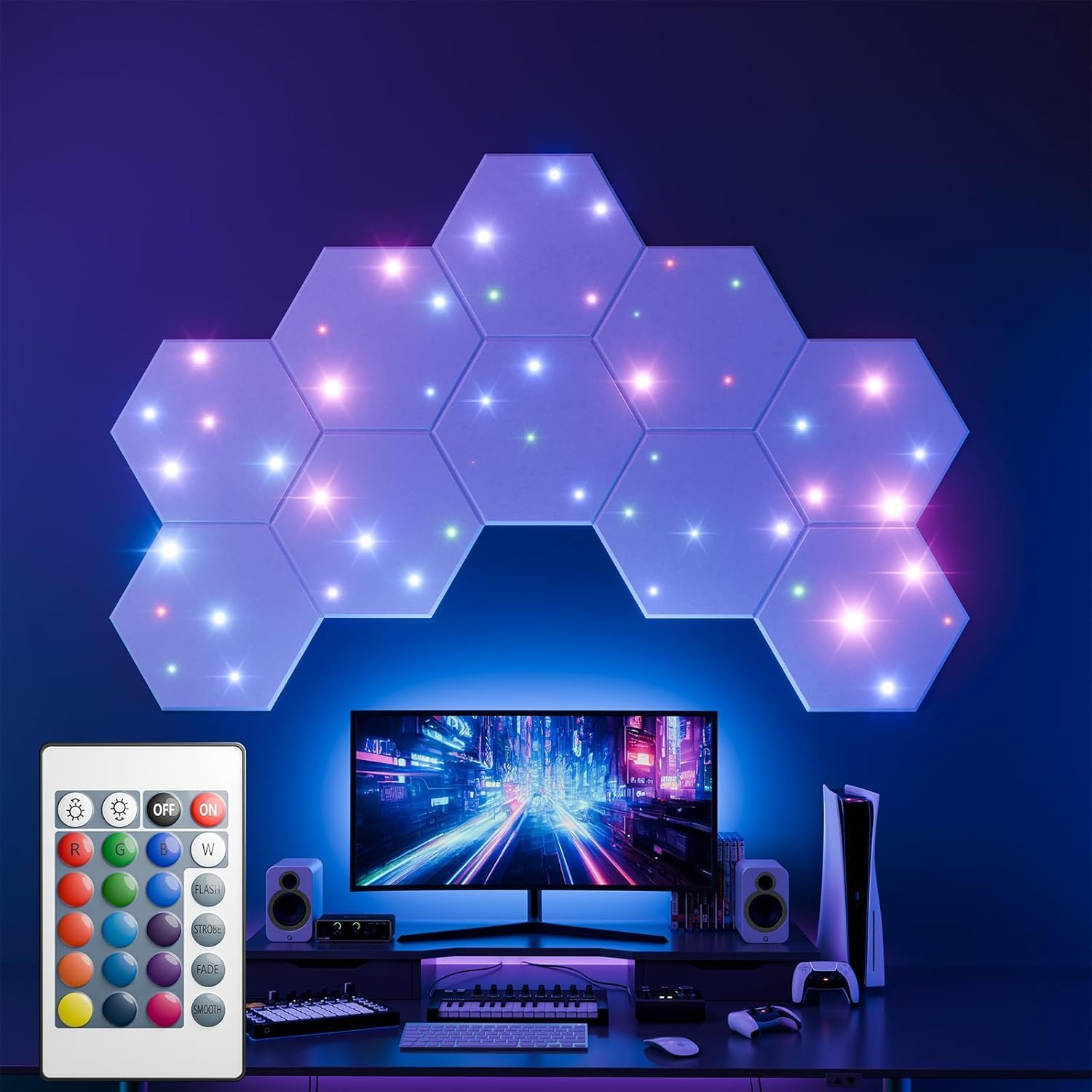 ZenSonic 12 Pack Self-adhesive Sound Proof Foam Panels for Walls 12" X 10" X 0.4" - Hexagon Acoustic Panels with Fiber Optic Starlight, Stylish Soundproof Wall Panels Absorb Noise and Wall Decor White 12 Pack 0.4 Inch with light White