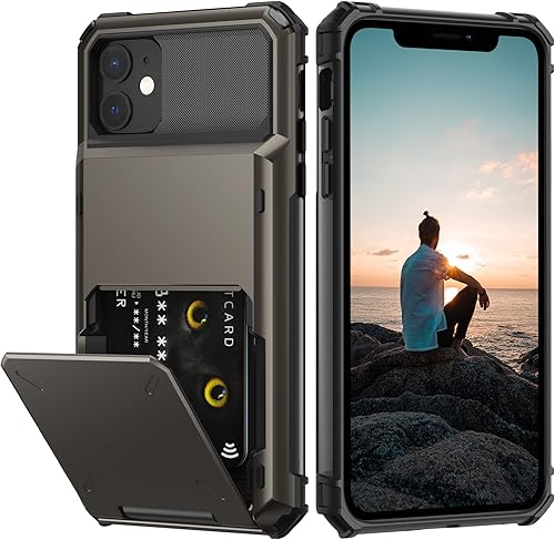 Nvollnoe Funda para iPhone 11 con tarjetero almacena 5 tarjetas Funda de doble capa resistente a prueba de golpes con ranura oculta para tarjetas,