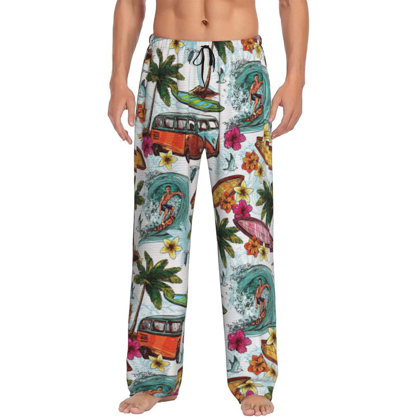 Aabkjgfr Men's Black Hawaiian Surfer On Wavy Print Pajama Pants,Soft And Casual Loungewear Style,Adjustable Drawstring And Pocket Pajama Pants