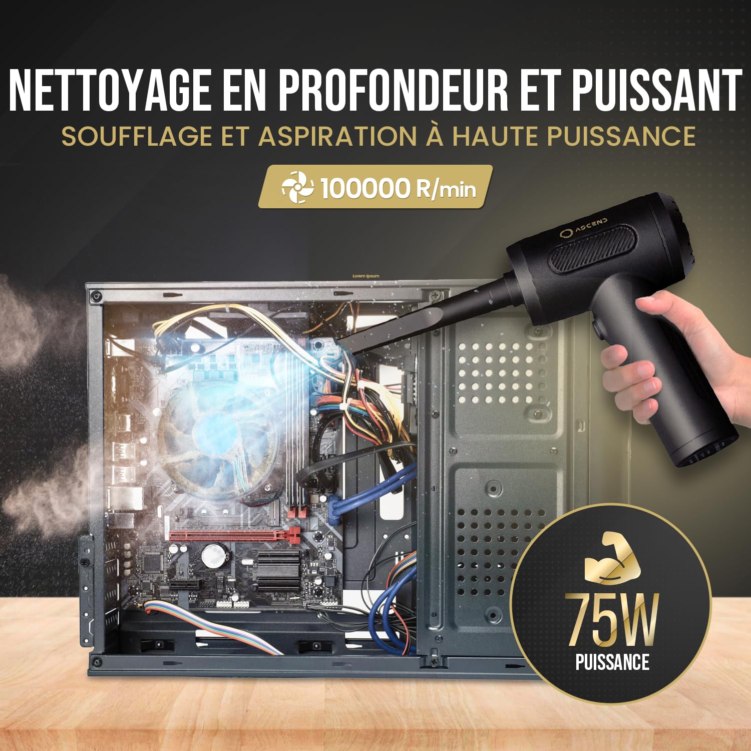 Souffleur Aspirateur 3-en-1 ASCEND Cyclone – 100000 RPM – 10000Pa – Batterie 6000mAh – LED – PC Voiture Canapé Animaux