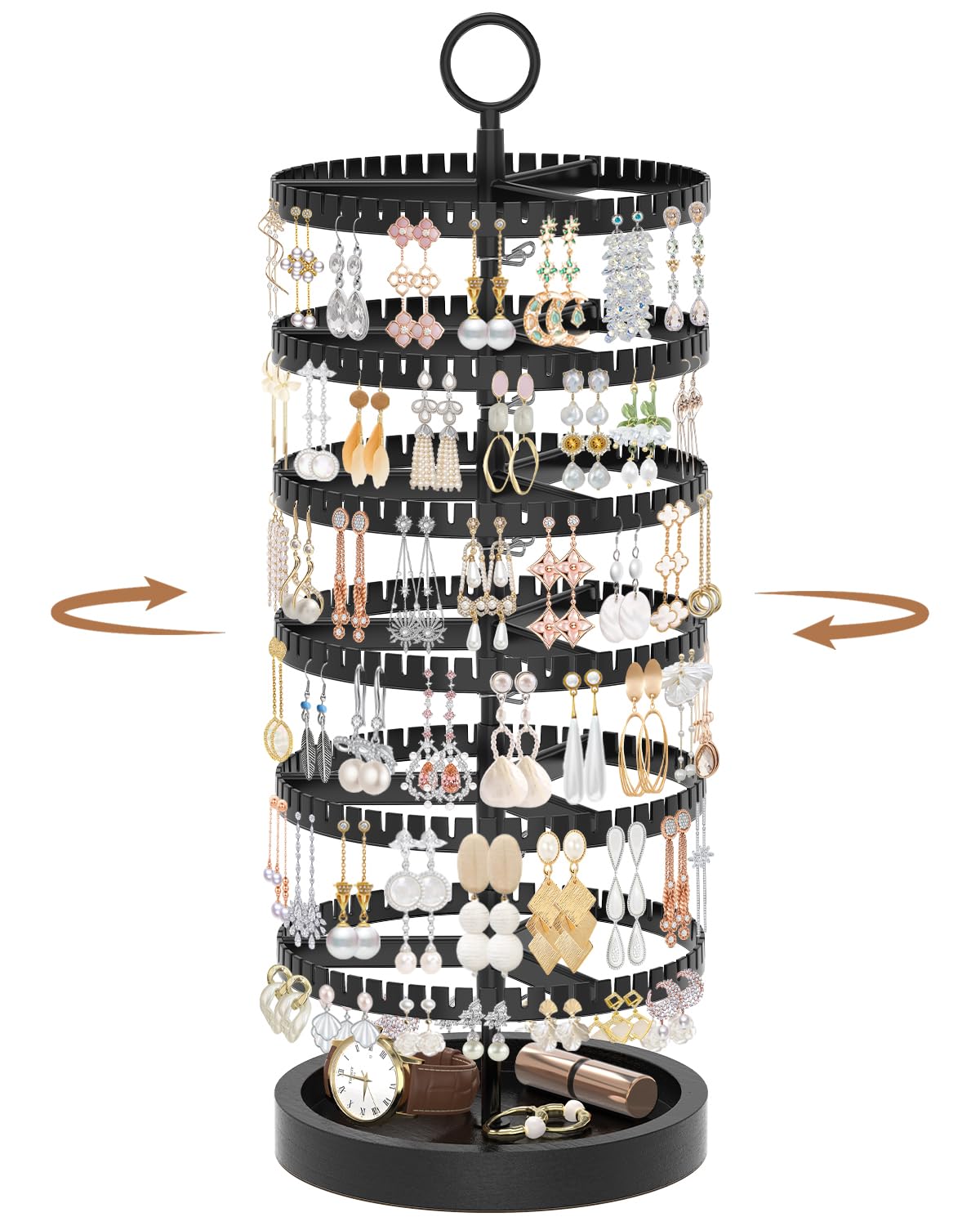 iDavosic.ly 6 Tier Rotating Earring Holder Organizer, Wood Tray, Black