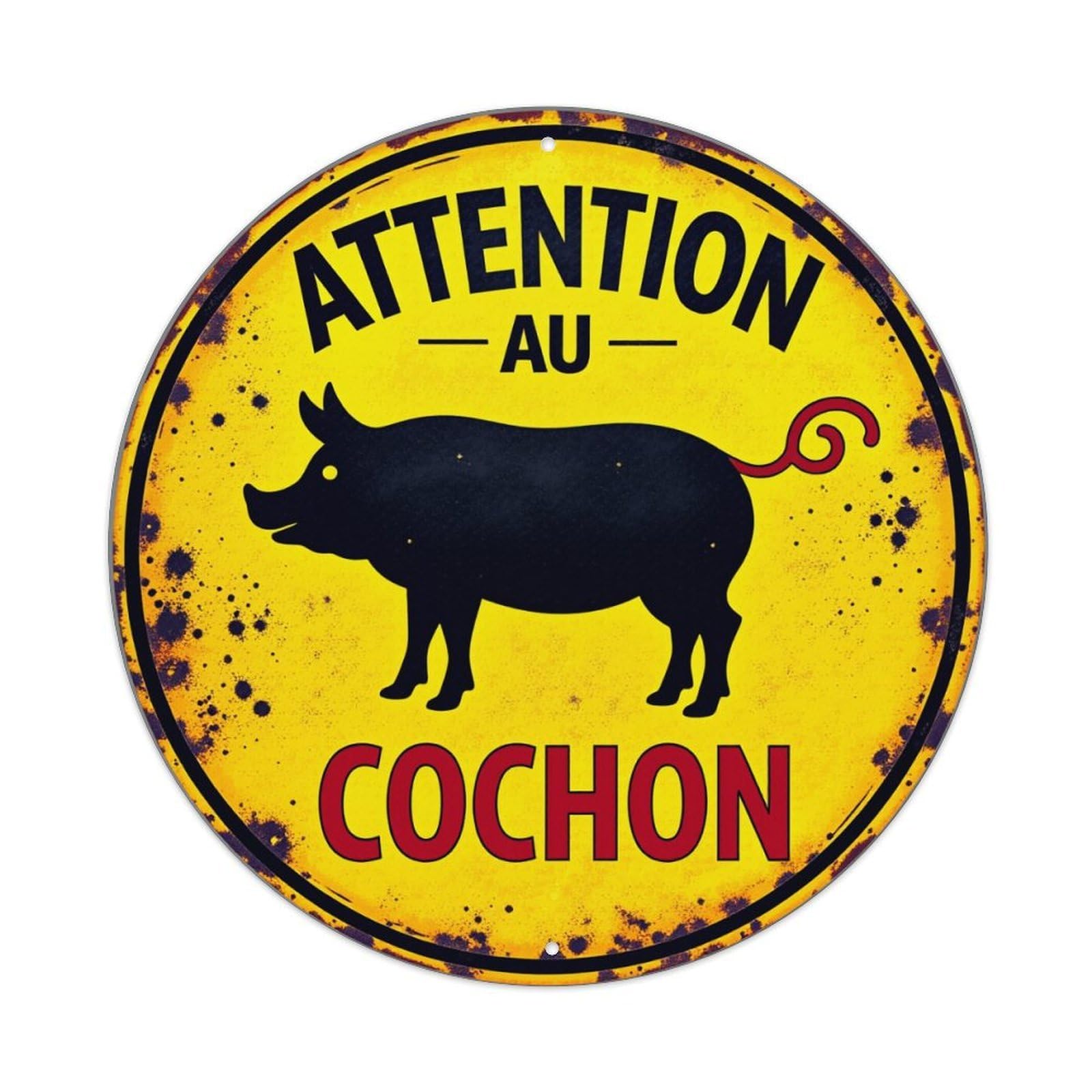 Attention Au Cochon Pig Sign Vintage Round Tin Sign Retro Metal Wall Decor Metal Poster, Home Bar Garage Cafe Wall Art Decoration 8x8Inches