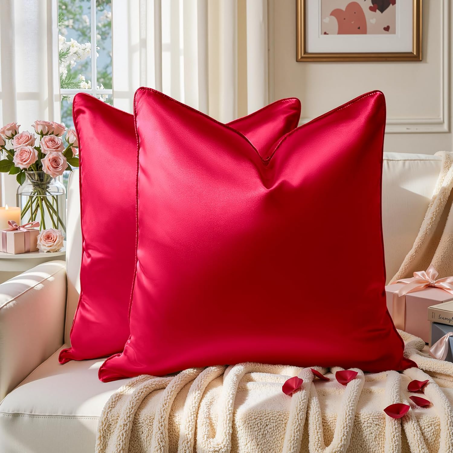HOMEIDEAS Valentine's Day Red Decorative Throw Pillow Covers, 18x18 Faux Silk Pillow Covers for Couch Sofa Bed Decor, Set of 2 Luxury Euro Cushion Covers