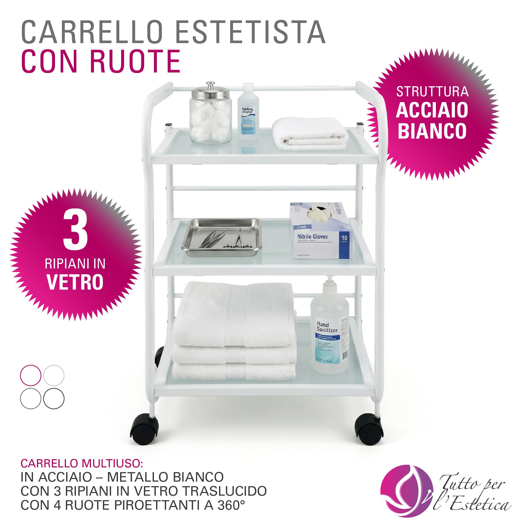 Carrello Estetista con Ruote - Mobiletto con Ruote, Leggero, Multiuso in Acciaio e 3 Ripiani in Vetro Traslucido - Carrello Portaoggetti per Estetica, Ceretta, Tattoo e Medico | Design Salvaspazio