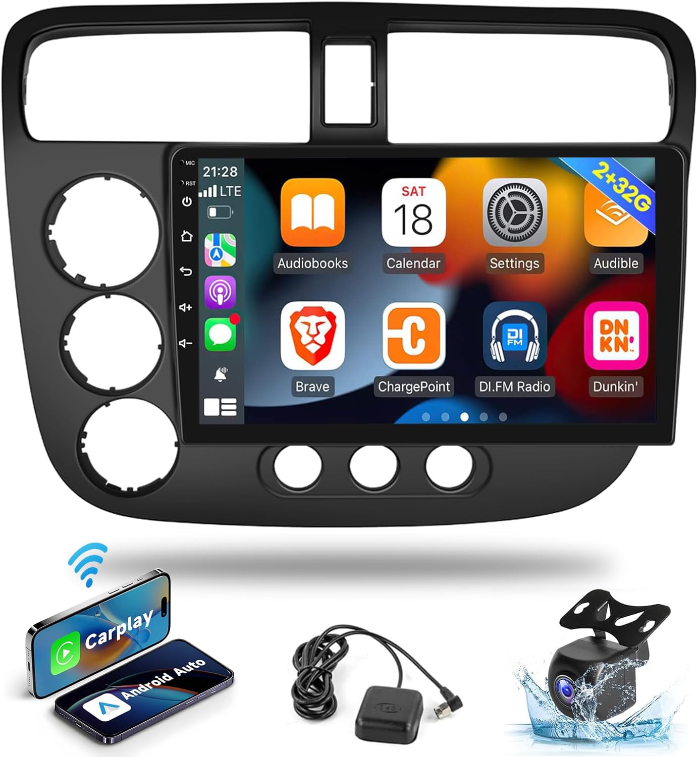 Naifay Android Car Stereo Radio for Honda Civic 2001 2002 2003 2004 2005 Wireless Apple Carplay, 9inch Touch Screen Car Stereo Bluetooth with Backup Camera FM MirrorlInk GPS Navigation WiFi SWC