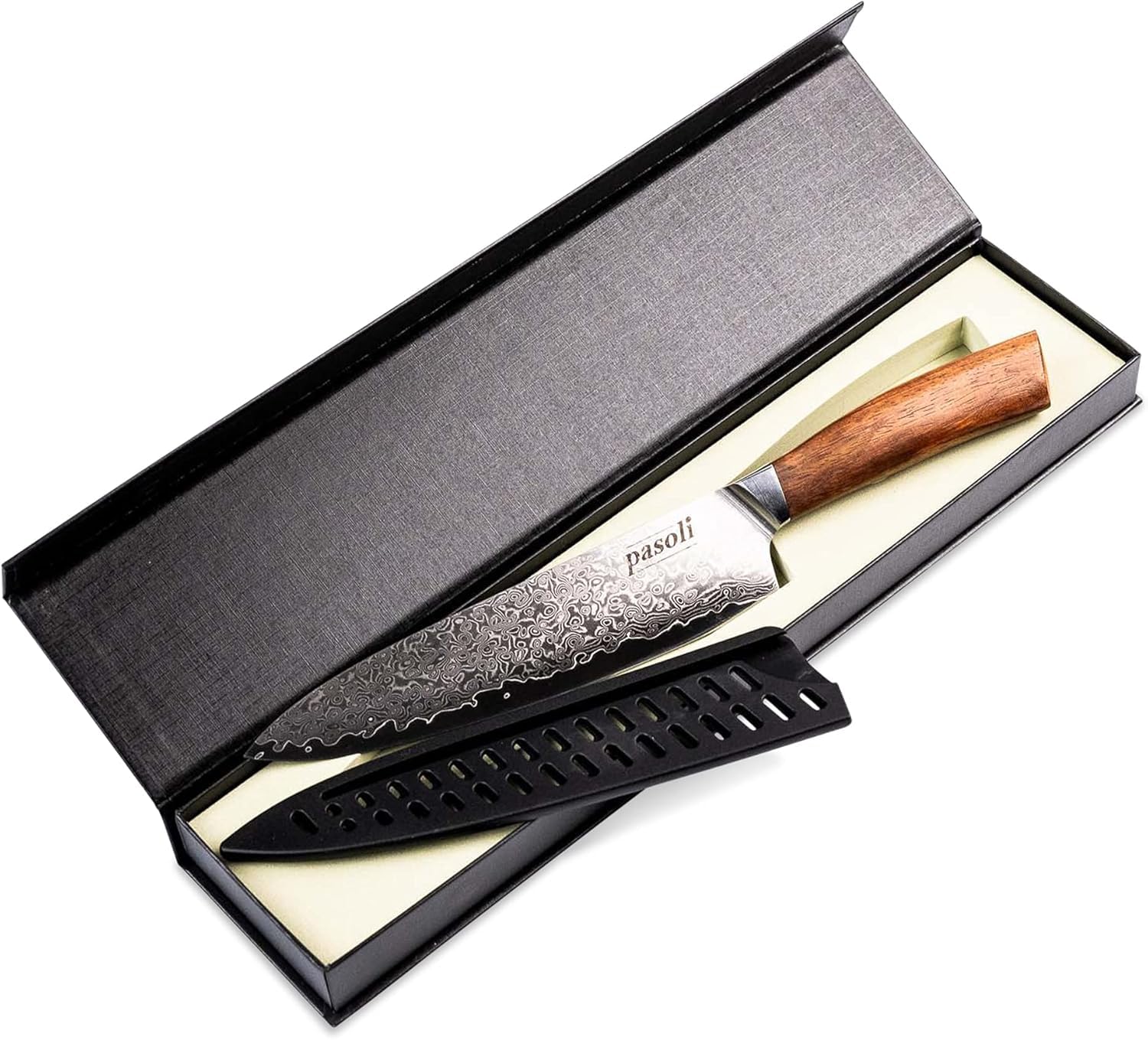 Pasoli Coltello da Chef Professionale - Coltello da Cucina in Acciaio Damasco Giapponese, Lama Damasco e Manico in Legno - Lama Affilata per Tagliare, Affettare, Tritare - Lungo 20cm, 67 Strati, VG-10