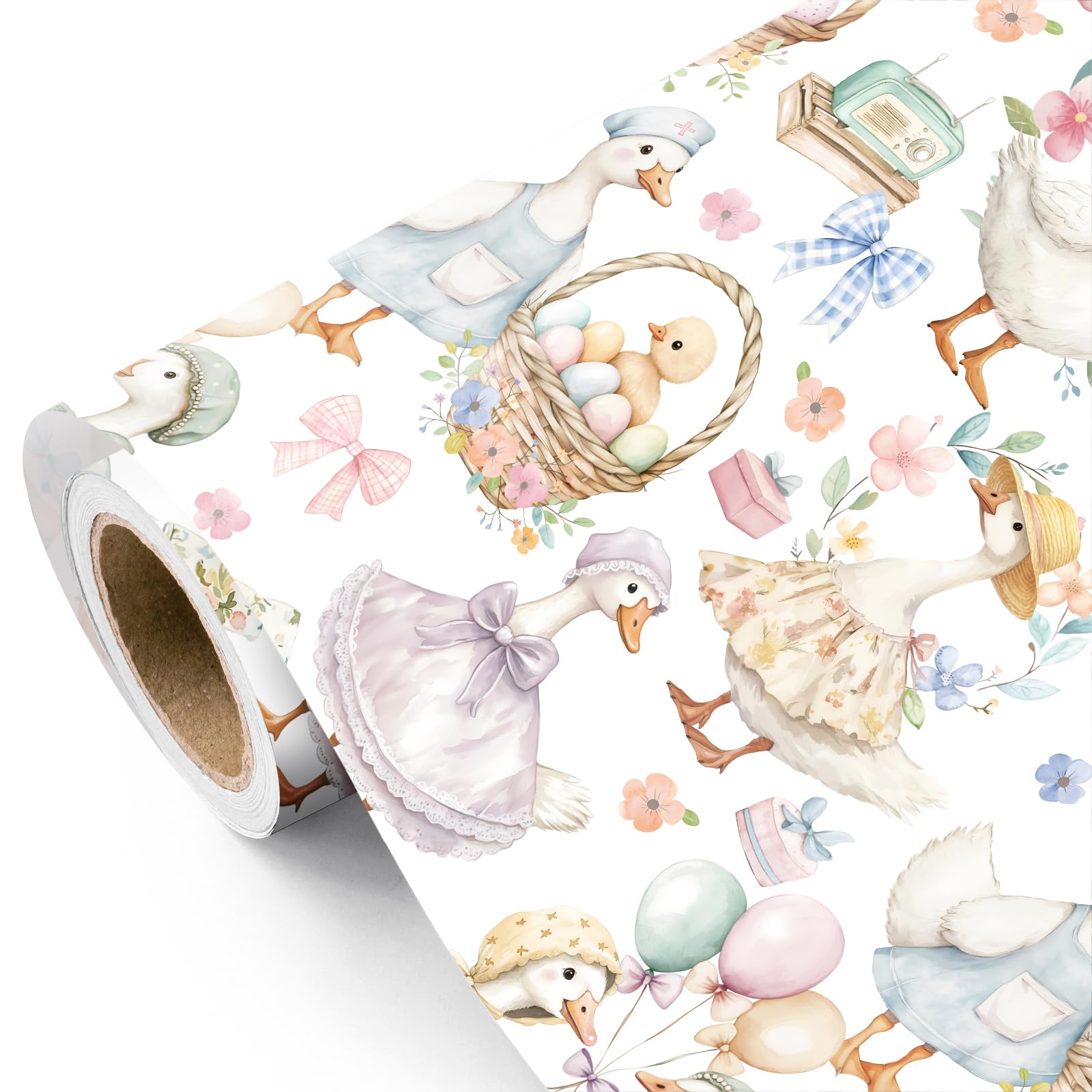 RUSPEPA Silly Goose Easter Wrapping Paper Roll - 43.2cm x 5m - Watercolor Floral, Egg, Bow and Silly Goose Wrapping Paper, Perfect for Easter, Spring, Kids Birthday, Baby Shower