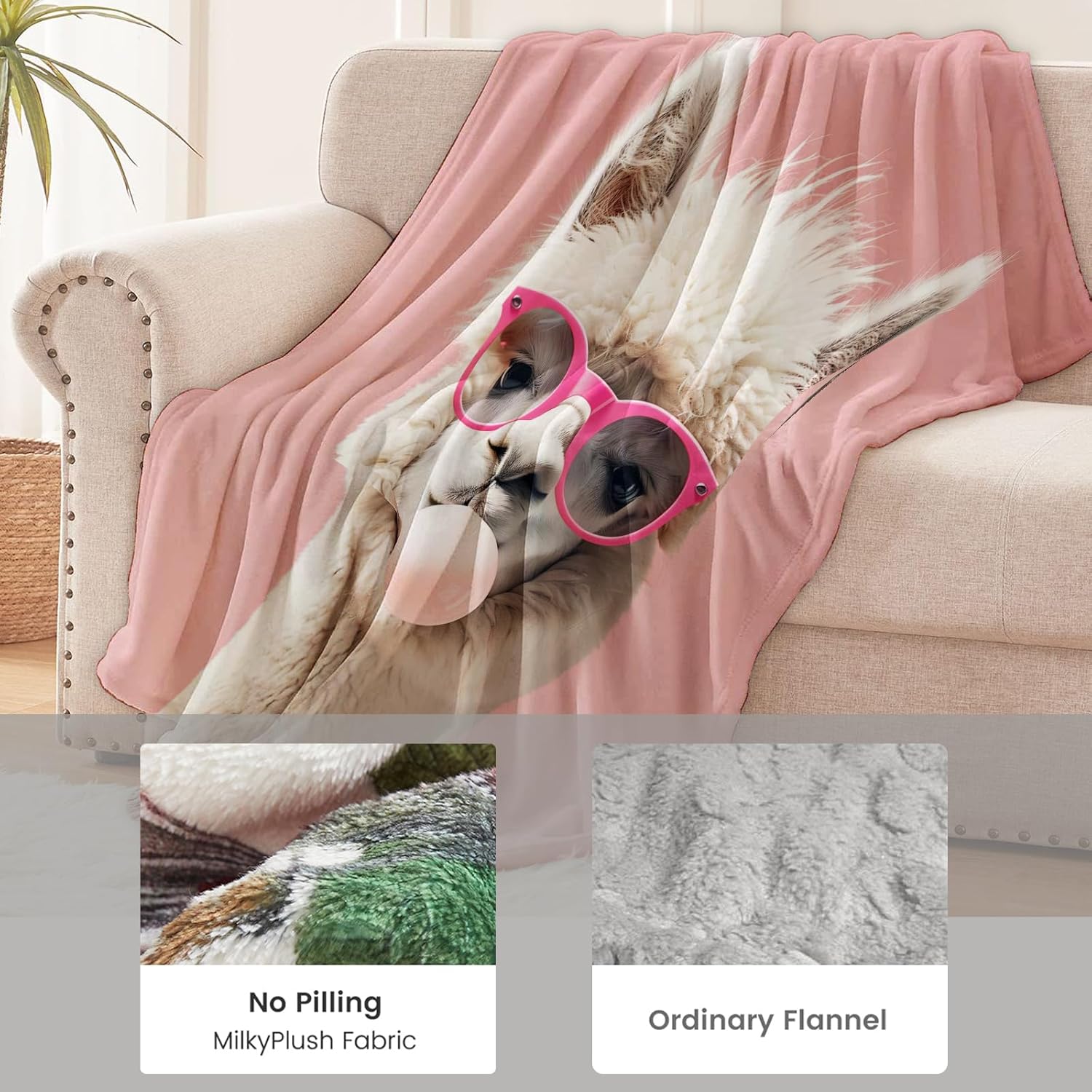 Llama Blanket for Girls Women Kids, Flannel Cute Funny Blankets Gifts, Animal Bubblegum and Pink Background Soft Warm Cozy Throws for Sofa Couch Bed Living Room Bedroom Home Decor 60" x 50" - Image 5