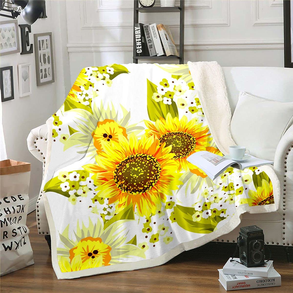 Loussiesd Coperta in pile con motivo floreale sherpa, per letto, divano, per bambini, donne, blu, fiori bianchi, fiori, peluche, coperta, retrò, sfocata, singola 150 x 150 cm