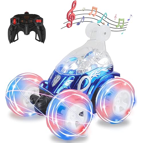 abandon Remote Control Car, RC Stunt Car 360° Spins & Flips with Colorful Lights & Music Switch, Rechargeable Remote Control Car Toy Christmas and Birthday Gift for Kids, Boys and Girls (Bule)