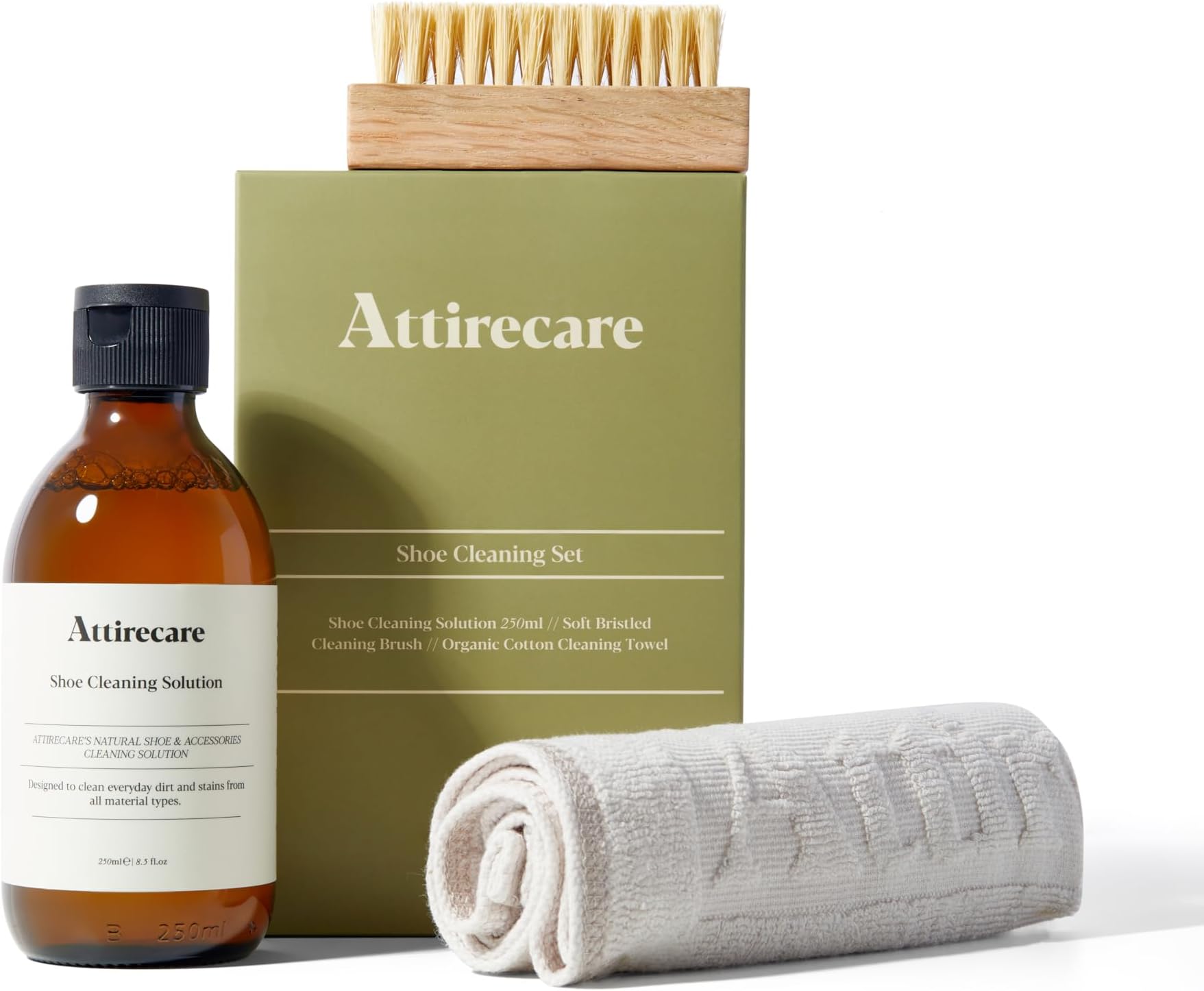 Attirecare Shoe Cleaning Kit (250ml) - Suede Shoe Cleaner with Shoe Brush, Cleaning Solution, & Cotton Towel - Travel Set Shoe Protector Spray for Trainers, Leather, Suede, Nubuck, & Fabric