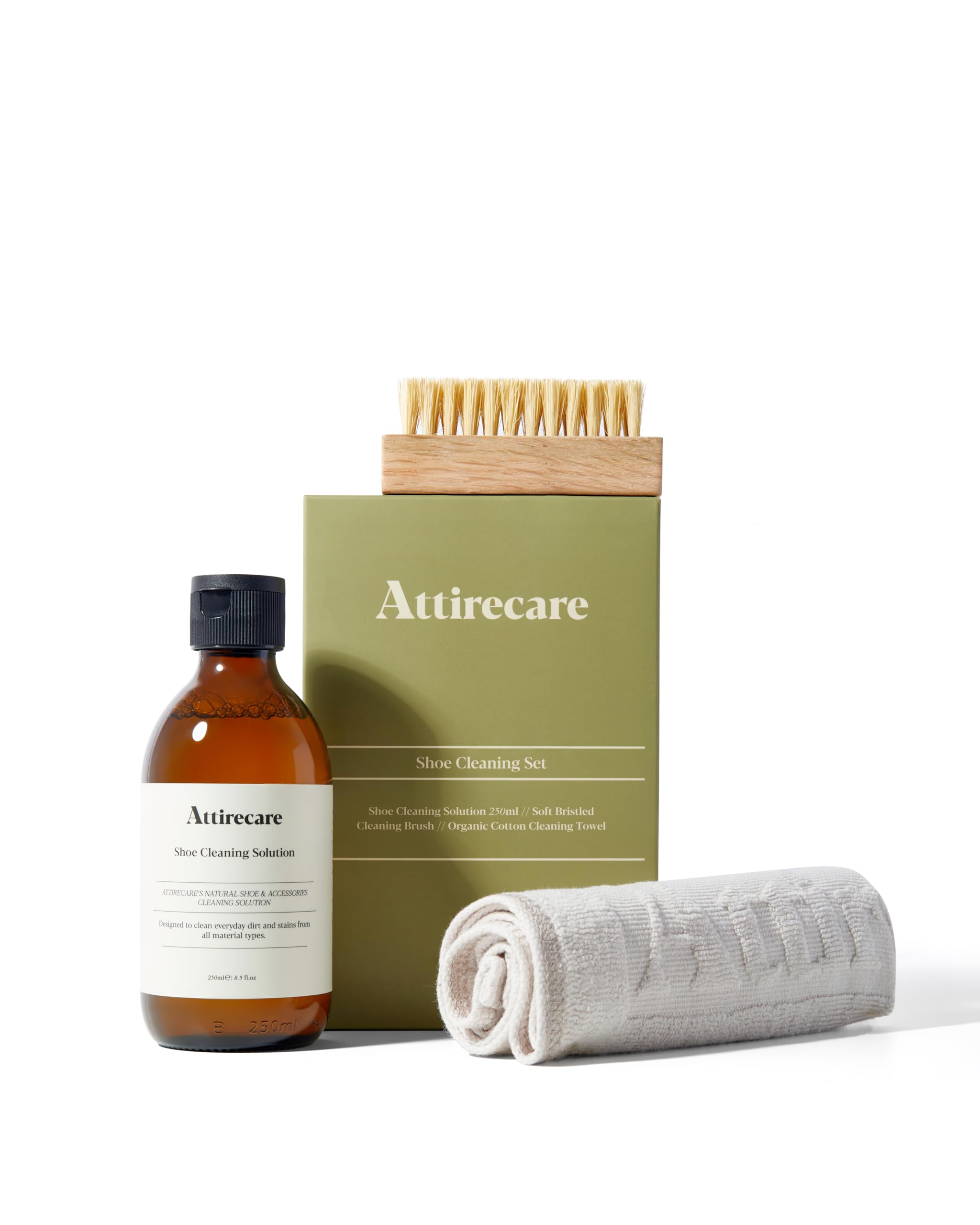 Attirecare Shoe Cleaning Kit (250ml) - Suede Shoe Cleaner with Shoe Brush, Cleaning Solution, & Cotton Towel - Travel Set Shoe Protector Spray for Trainers, Leather, Suede, Nubuck, & Fabric