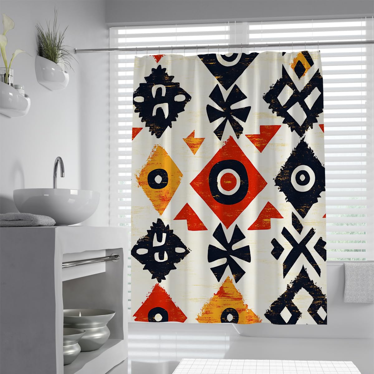 UERWOWELL Boho Geometric Diamond Shower Curtain Abstract Tribal Totem Patterns Shower Curtain Waterproof Washable Fabric Liner Red Yellow Black W150xL200 cm
