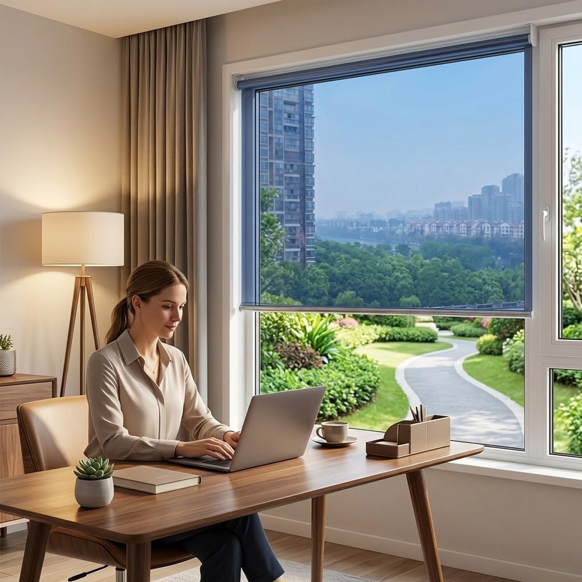 Spiegelfolie Einwegspiegel-Rollo Federrollo Ohne Kordel für Balkon Büro, Ohne Bohren Klebehaken Montage Einseitig Sichtschutz UV-Schutz Hitzeschutz Fenster Tür Büro Balkon(Blau,W95xH200cm)