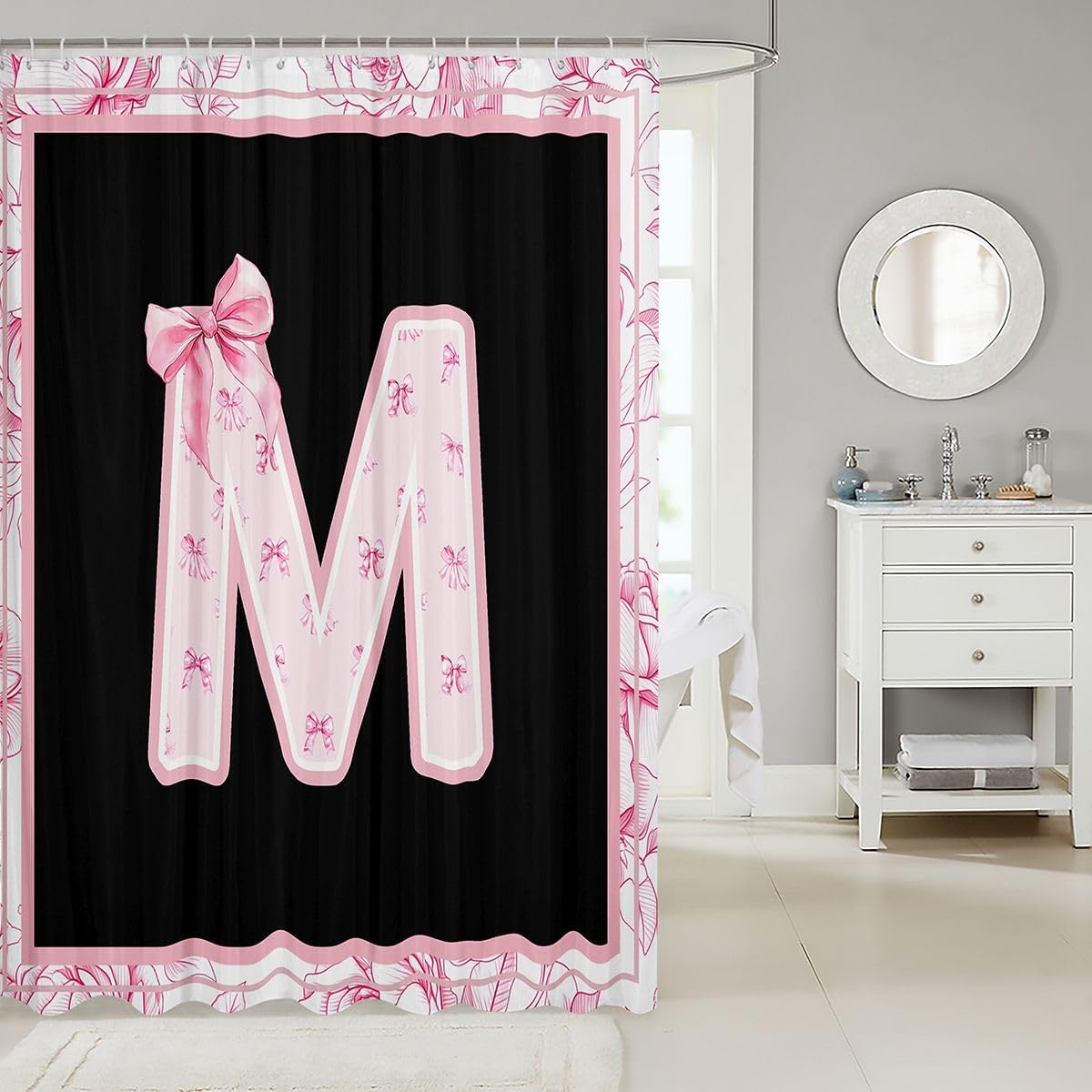 jejeloiu Black Pink Bow Shower Curtain for Bathroom Decor Monogrammed Bath Curtain for Stalls Bathtubs Personalized Initial M Bathroom Accessories Waterproof Polyester Fabric with 12 Hooks 72"x72" image 2