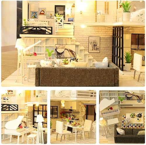 Miniatura 8 de NC Kit en miniatura con muebles, kit de madera de bricolaje más a prueba de polvo y movimiento de música, movimiento de muebles de casa hecho a mano