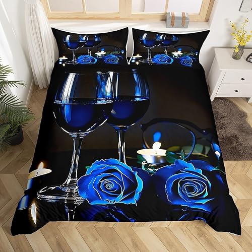 Juego de ropa de cama de rosa azul para niñas y niños, romántica funda de edredón con rosas 3D tamaño King, funda de edredón floral de copa de vino,