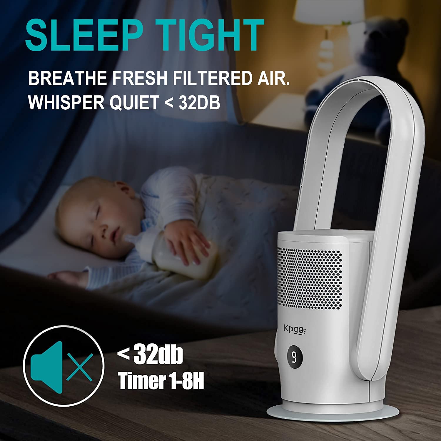 Ventilador de mesa Kpgo con purificador de aire, ventilador de columna sin aspas de oscilación con filtro HEPA, aplicación y control remoto, silencioso y potente, blanco