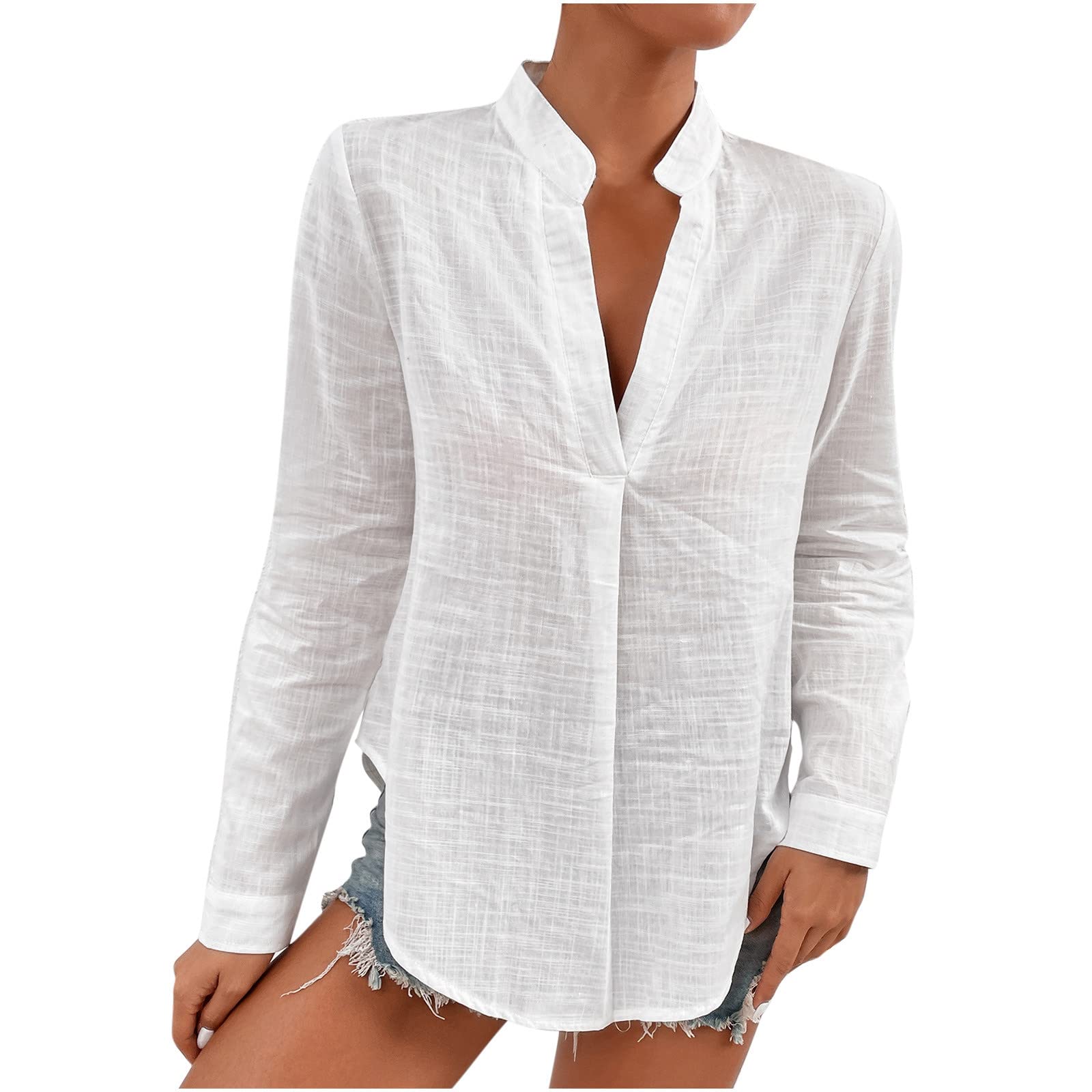NUSGEAR 2022 Camiseta de Mujer,Verano Moda Color sólido Manga Corta Elegante Blusa Camisa Cuello en V Camiseta Casual Suelto Algodón y Lino Tops Fiesta T-Shirt Original tee Blanco