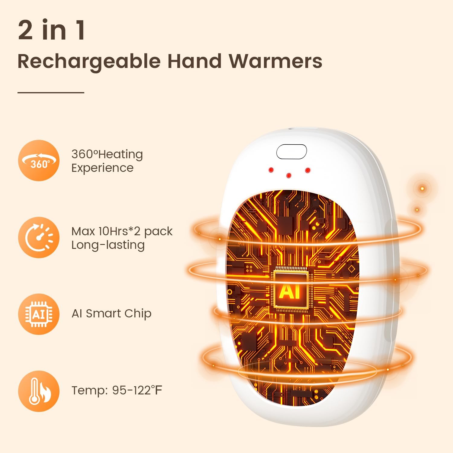 infray Hand Warmers Rechargeable, 2 Pack Electric Hand Warmer Reusable USB Pocket Warmer, 3 Settings Heated Portable AI Handwarmer Great Gifts for Christmas, Outdoor, Golf, Hunting - Image 2