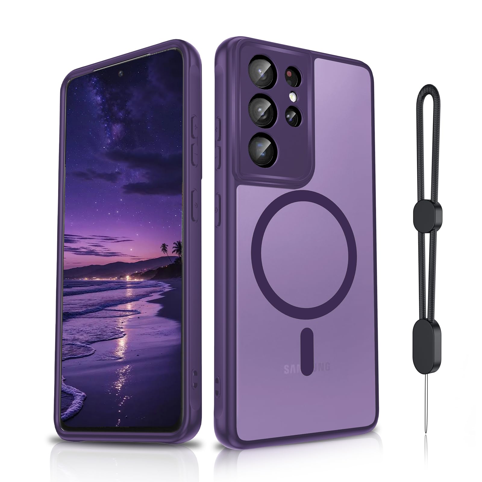 Dizn Magnetic for Samsung Galaxy S21 Ultra Case:[𝐍𝐨𝐭 𝐅𝐢𝐭 𝐒𝟐𝟏],Fit for MagSafe,with Band,Matte Translucent Military-Grade Shockproof Protective for 6.8-Inch S21 Ultra,Purple
