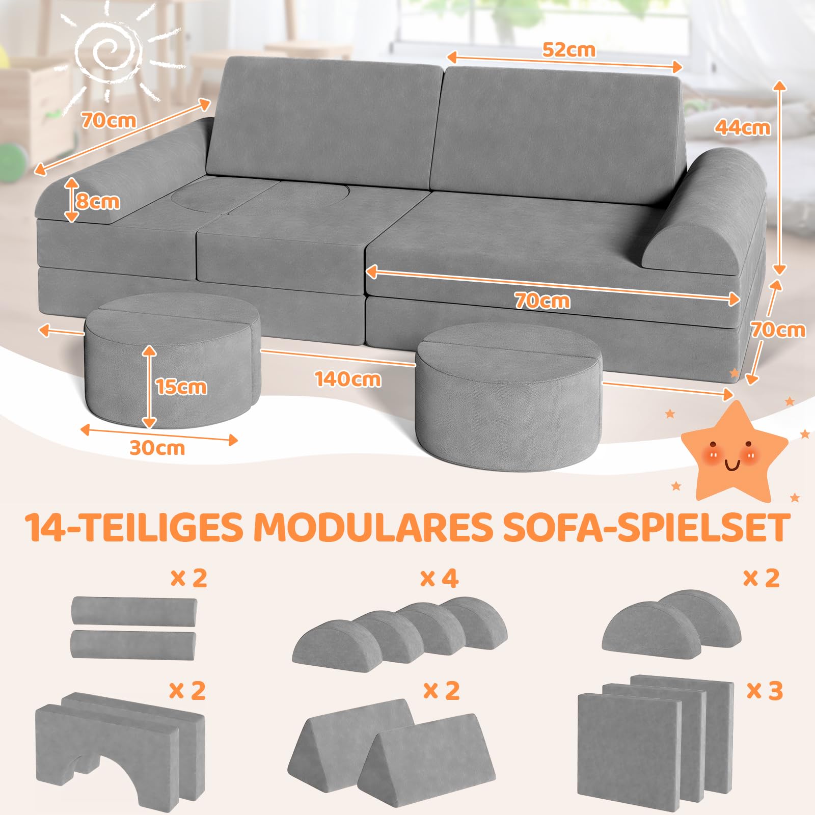 MAMIZO Divano da Gioco per Bambini, DivanoModulare per Bambini con 15PCS Modulo, Poltrona Letto bambino, Divano Trasformabile in Schiuma per bambino, per Camera da Letto, Sala Giochi
