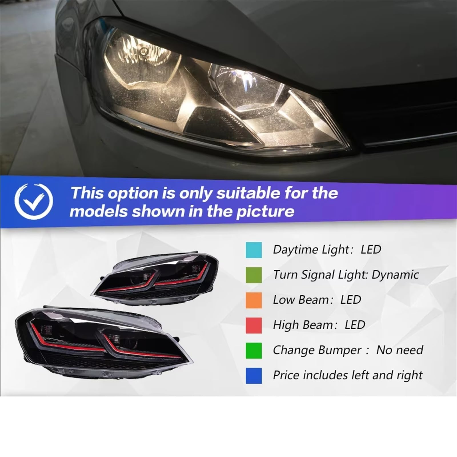 Faro Anteriore Gruppo Anteriore Fari A LED Faro Car Styling DRL Segnale Lente Del Proiettore Per VW Golf 7 MK7 Per Gti 2013 2014 2015 2016 2017 Set Di Fari(RHD,Red)