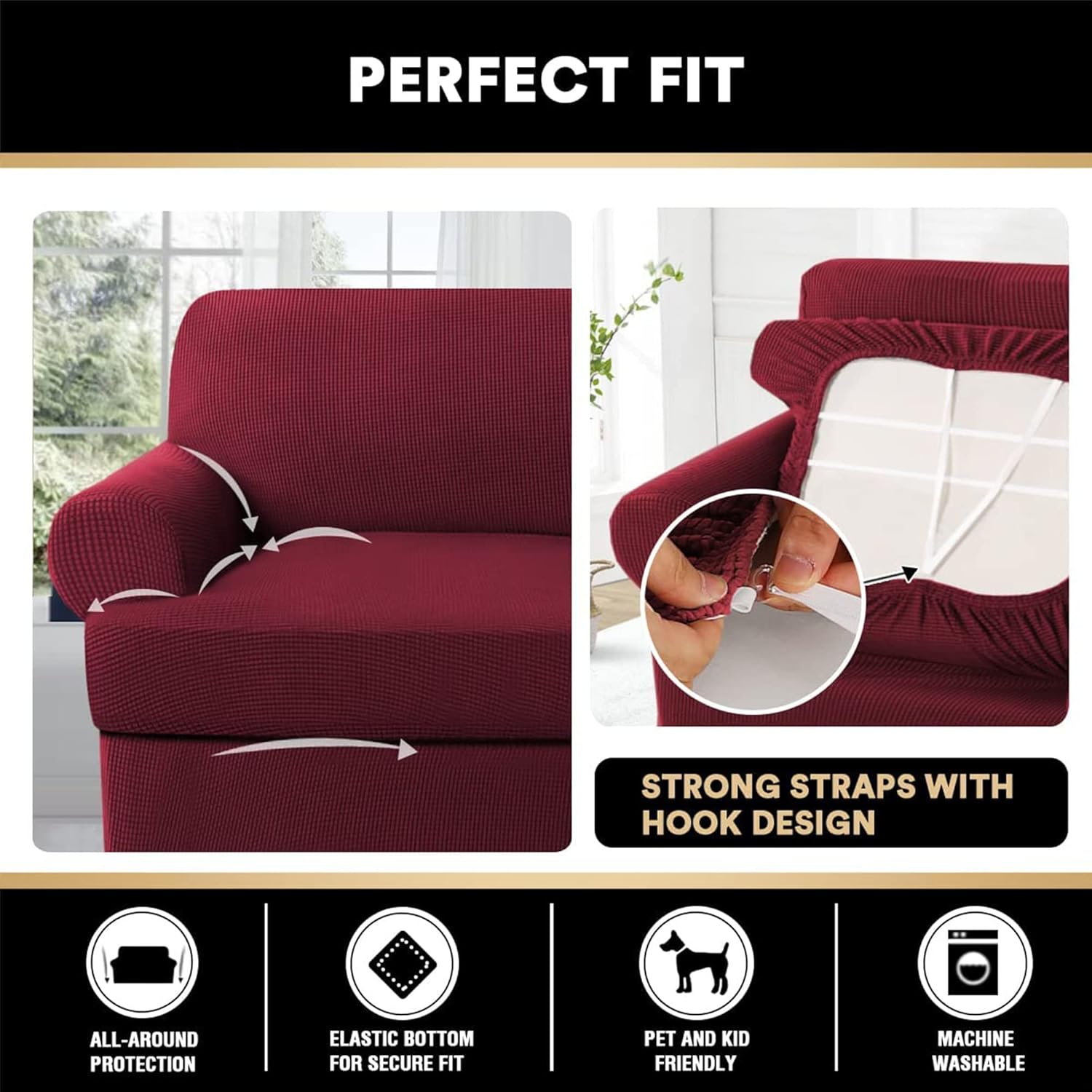 Stretch Sofa Cover Soft Couch Cover with 3 Individual T Cushion Seat Covers, Non-Slip Sofa Slipcovers Jacquard Knitted Sofa Bed Covers for Living Room (Color : Wine Red)