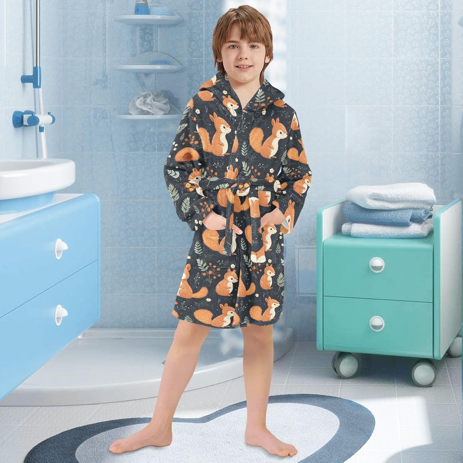 senya Brown Mouse Toddler Hooded Bathrobe Kids Soft Plush Bath Towel Robes for Boys Girls 2-12 Years