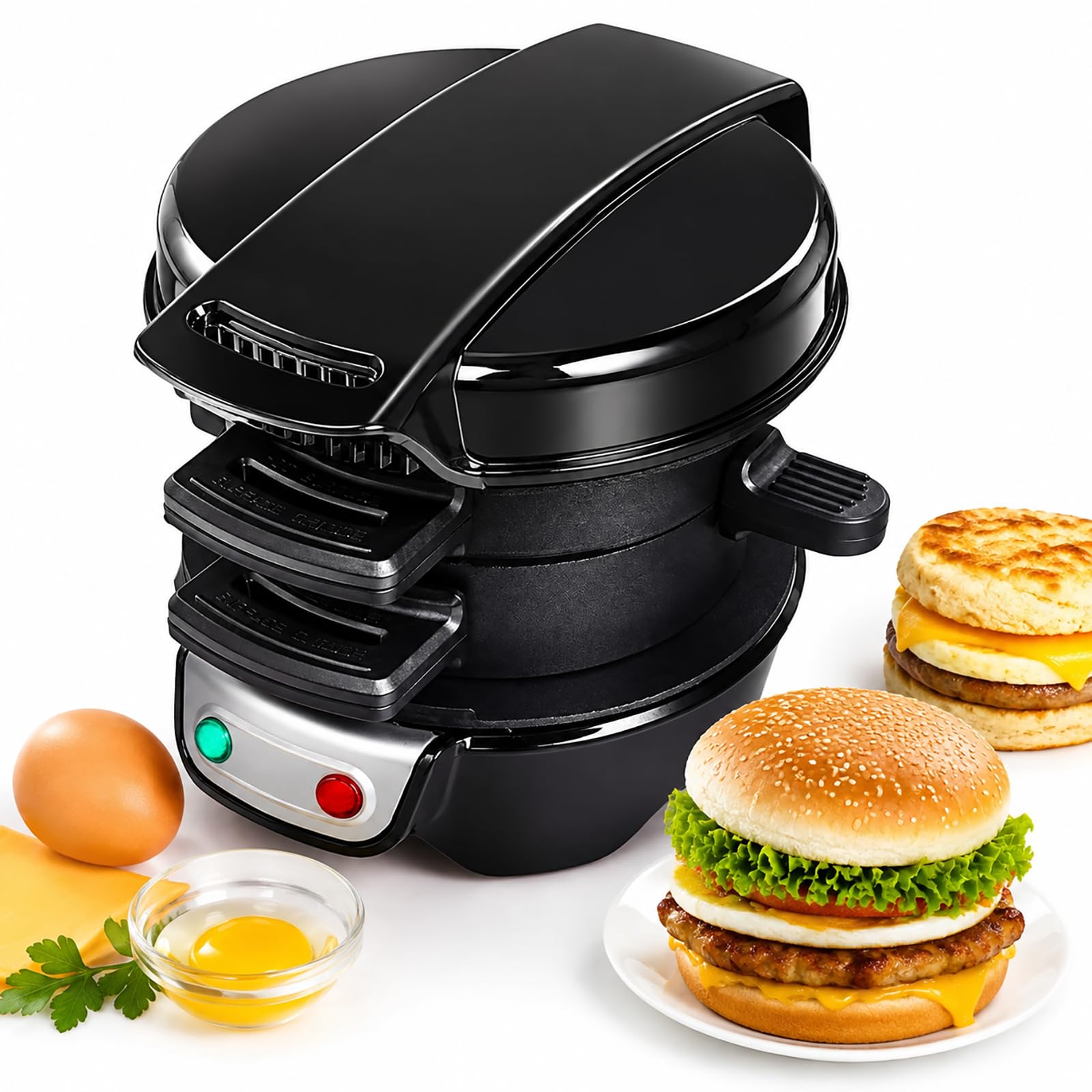 Tostapane elettrico multistrato da 600 W con anello per la cottura delle uo | Macchina per hamburger e muffin, piastre di cottura antiaderenti, riscaldamento su entrambi i lati(black)