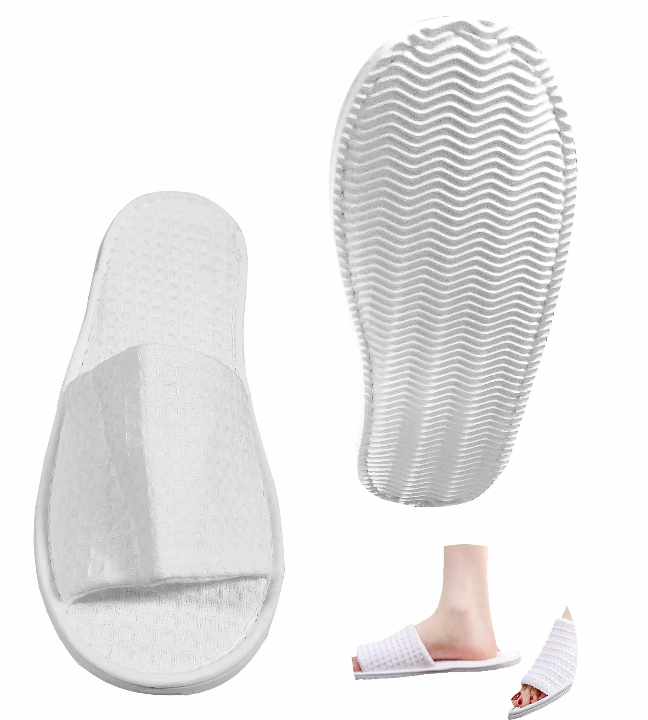 Fineget Spa Slippers for Guests Men Women Hotel Indoor House Non-Disposable Travel White Waffle Open Toe Breathable Slippers 4 Pairs