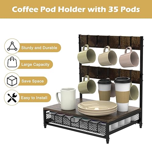 Miniatura 3 de Soporte para cajón de cápsulas de café con ganchos para tazas, organizador de almacenamiento de cápsulas de café de capacidad de 35 con soporte para