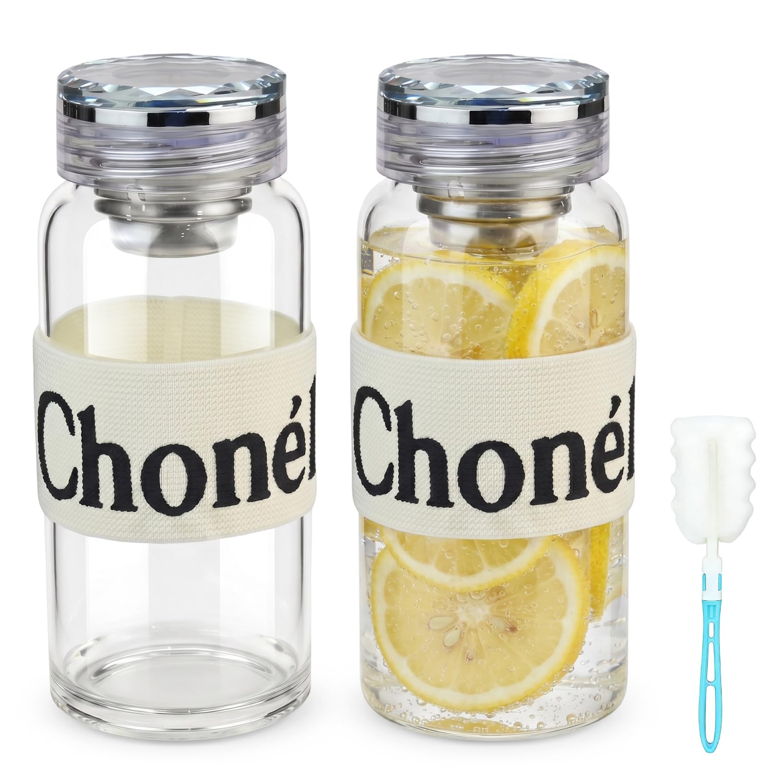 2Pcs Glass Water Bottles - 600ML Clear Reusable Bottle Leak Proof Glass Water Bottle with Beautiful Diamond-cut Sparkling Lid & Protective Sleeve & Filter for Juice/ Fruit-Infused Drinks/ Travel Gym