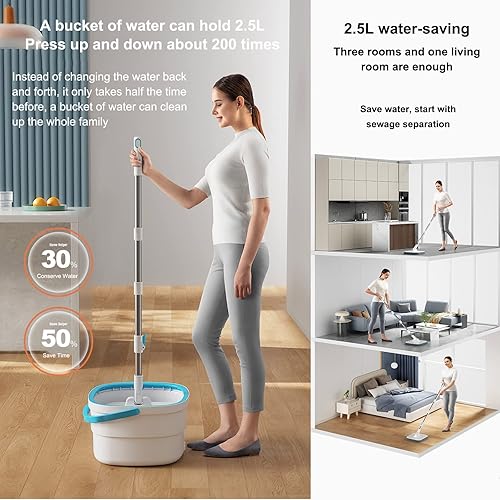 Miniatura 6 de Sistema de limpieza de pisos de microfibra giratoria y cubo, compatible con la separación de aguas residuales y agua limpia, cabezal de trapeador