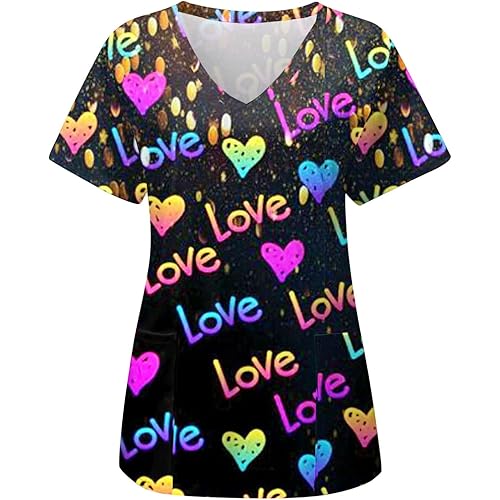 Valentines Day Scrub Tops Women Short Sleeve Nurse Working Uniform with Pocket Valentines Printed V Neck Graphic Tee Scrub Tops Women Print