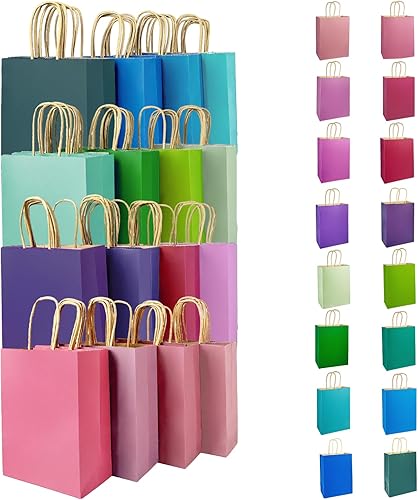 qiqee 60 bolsas de papel kraft con asas de 7.6 x 4.75 x 10.5 pulgadas, bolsas de papel de regalo medianas 16 bolsas de colores sólidos profundos
