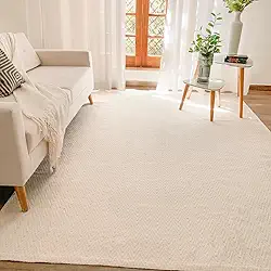 Tapete Grande Antiderrapante 2,00 x 3,00m para Sala Quarto Decoração Rústico Artesanal de Tear Geométrico Chevron Emborrachado Cru Natural Off White Lavável