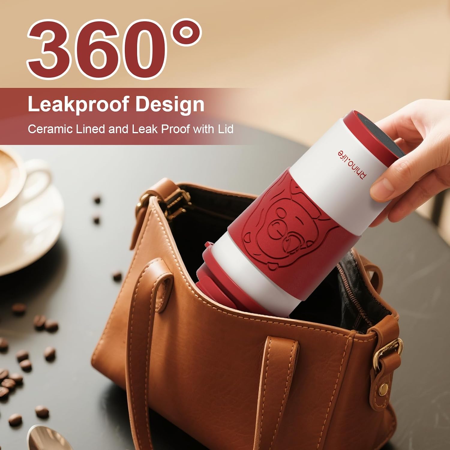 RhinoLife Red Insulated Coffee Mug Spill Proof Leak Proof with lid,16oz, Red Portable Ceramic Lined Travel Mug with Handle & Silicone Mat, Reusable Insulated Tumbler with straw, Gift for Lovers - Image 7