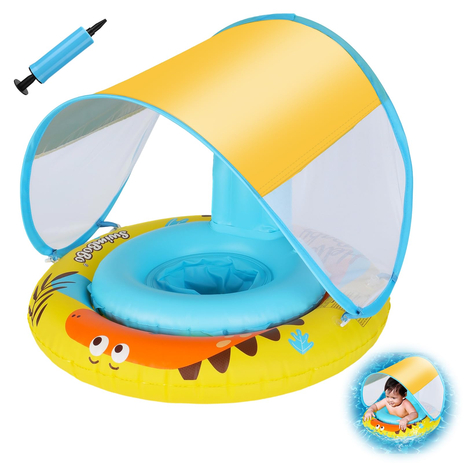 Coikes Salvagente Neonato con Tettuccio Parasole Anello di Nuoto Gonfiabile Regolabile per bambini con Mini Pompa Manuale Baby Nuoto Anello Salvagente gonfiabile per 6-36 mesi Ragazzo Ragazza