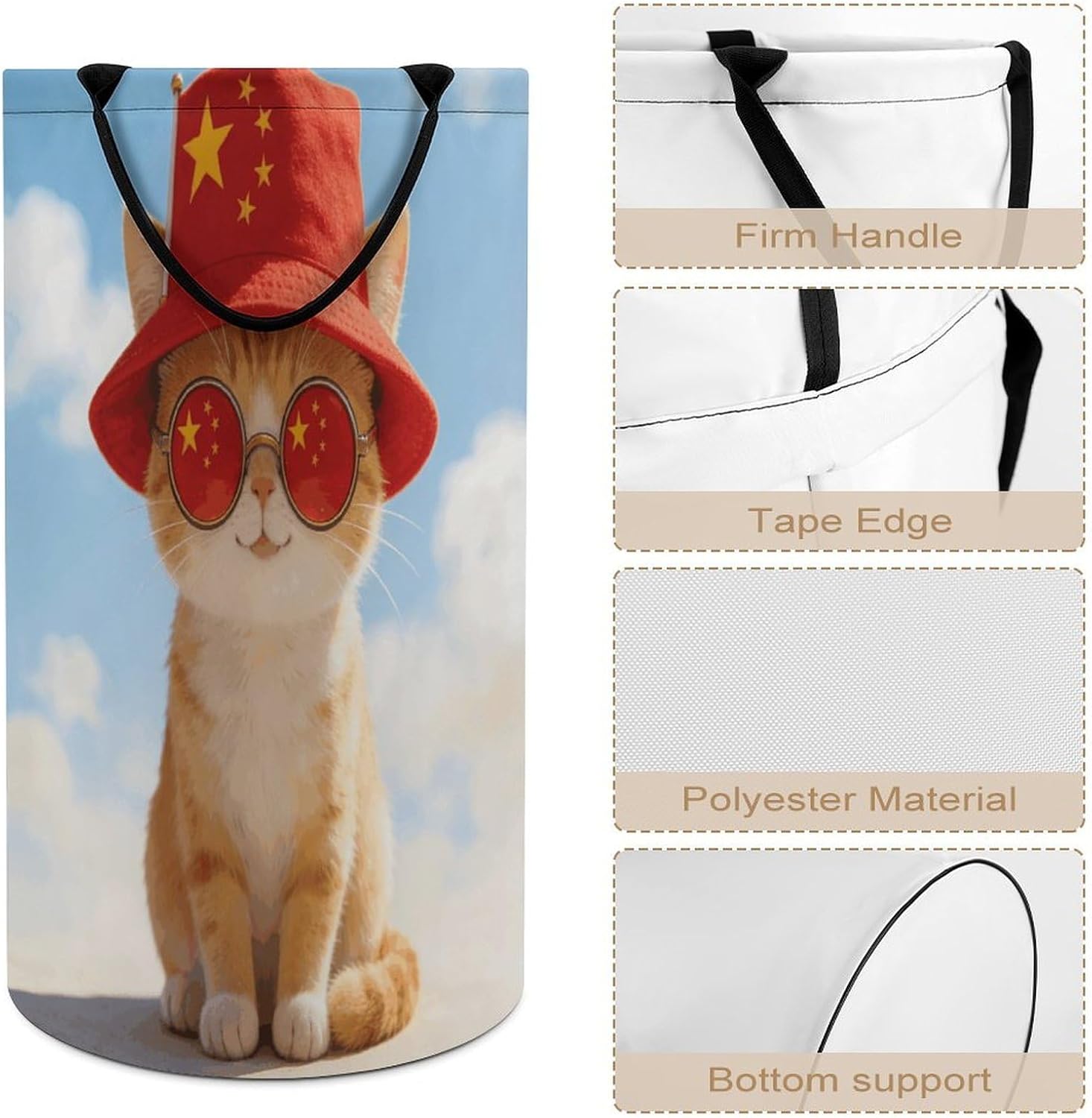 Cat with Patriotic Hat And Glasses Flag Laundry Hamper 86L Waterproof Collapsible Clothes Basket with Double Handles Freestanding Foldable Laundry Basket Large Clothes Hamper for Bathroom