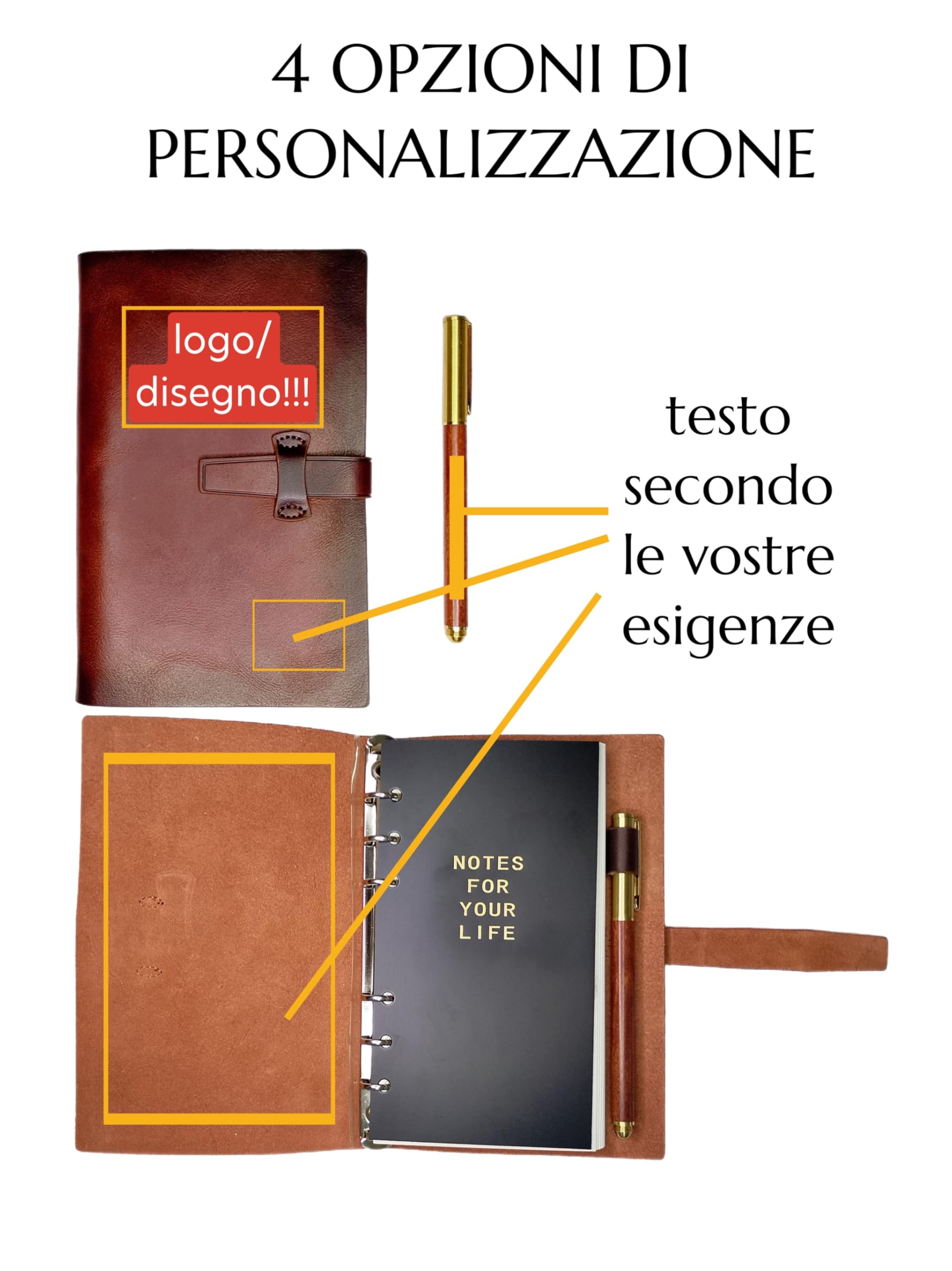 EMB Originals Diario/Agenda in vera pelle con penna in legno personalizzata (logo/disegno/testo), Regalo/ringraziamento per insegnanti, mamma, papà, colleghi, aziende, clienti... Made in Italy