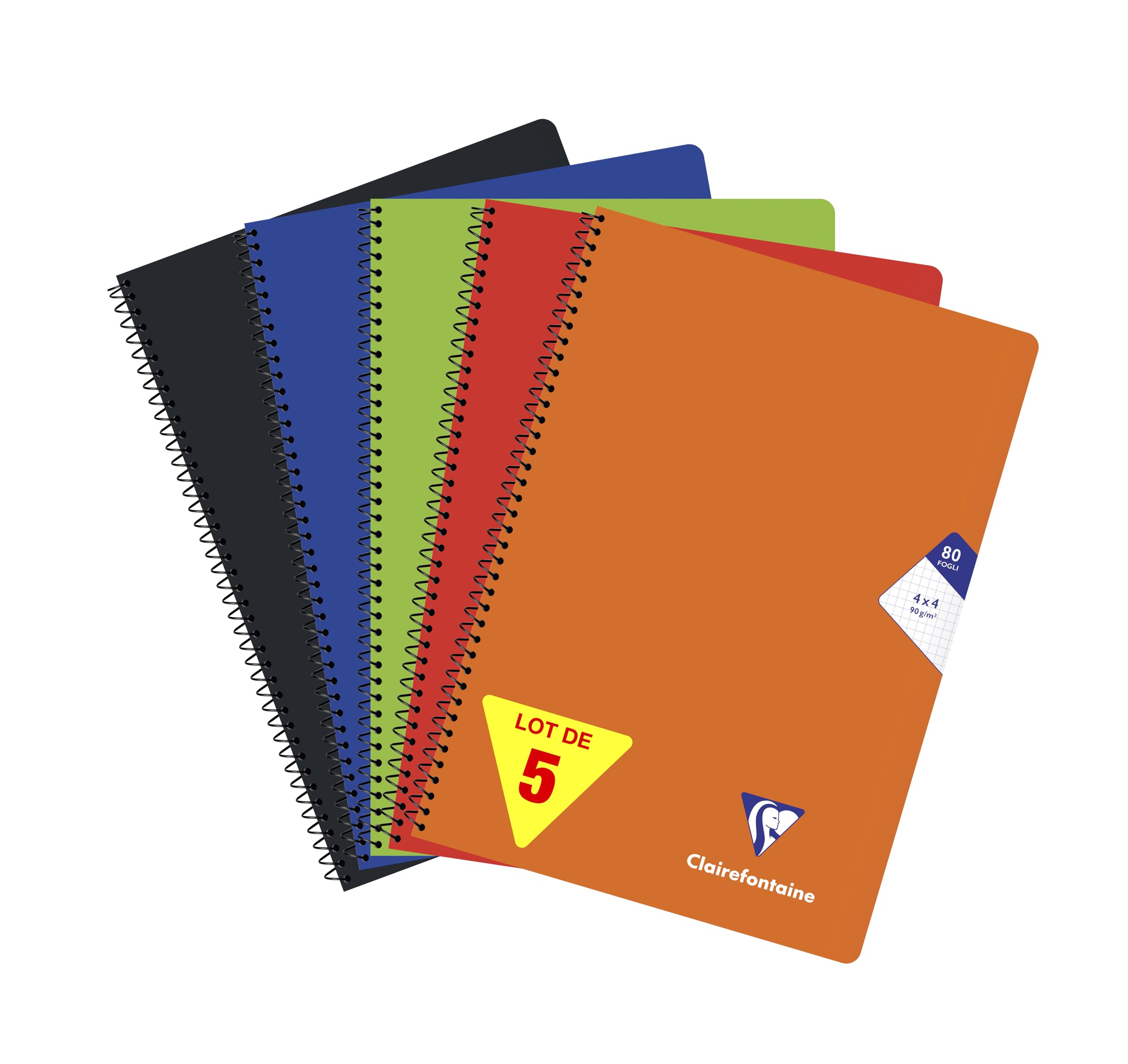 Clairefontaine 304154C - Mimesys cahier spiralé carte souple 21x29,7cm 160p Q.4x4 assorties couleurs vives - Paq de 5
