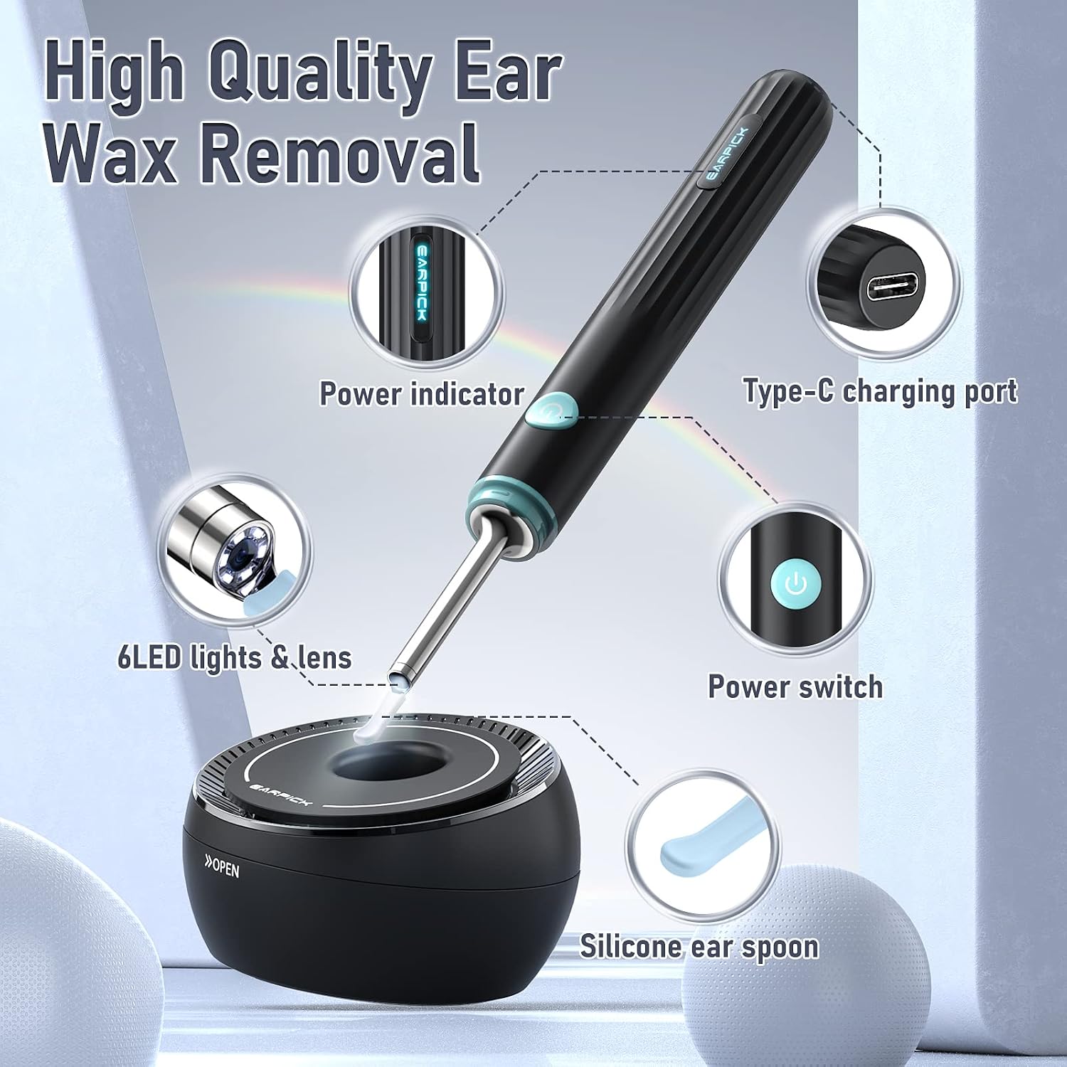 Diagram showing the components of the LEIPUT Ear Wax Removal Tool: power indicator, Type-C charging port, 6 LED lights & lens, power switch, and silicone ear spoon.