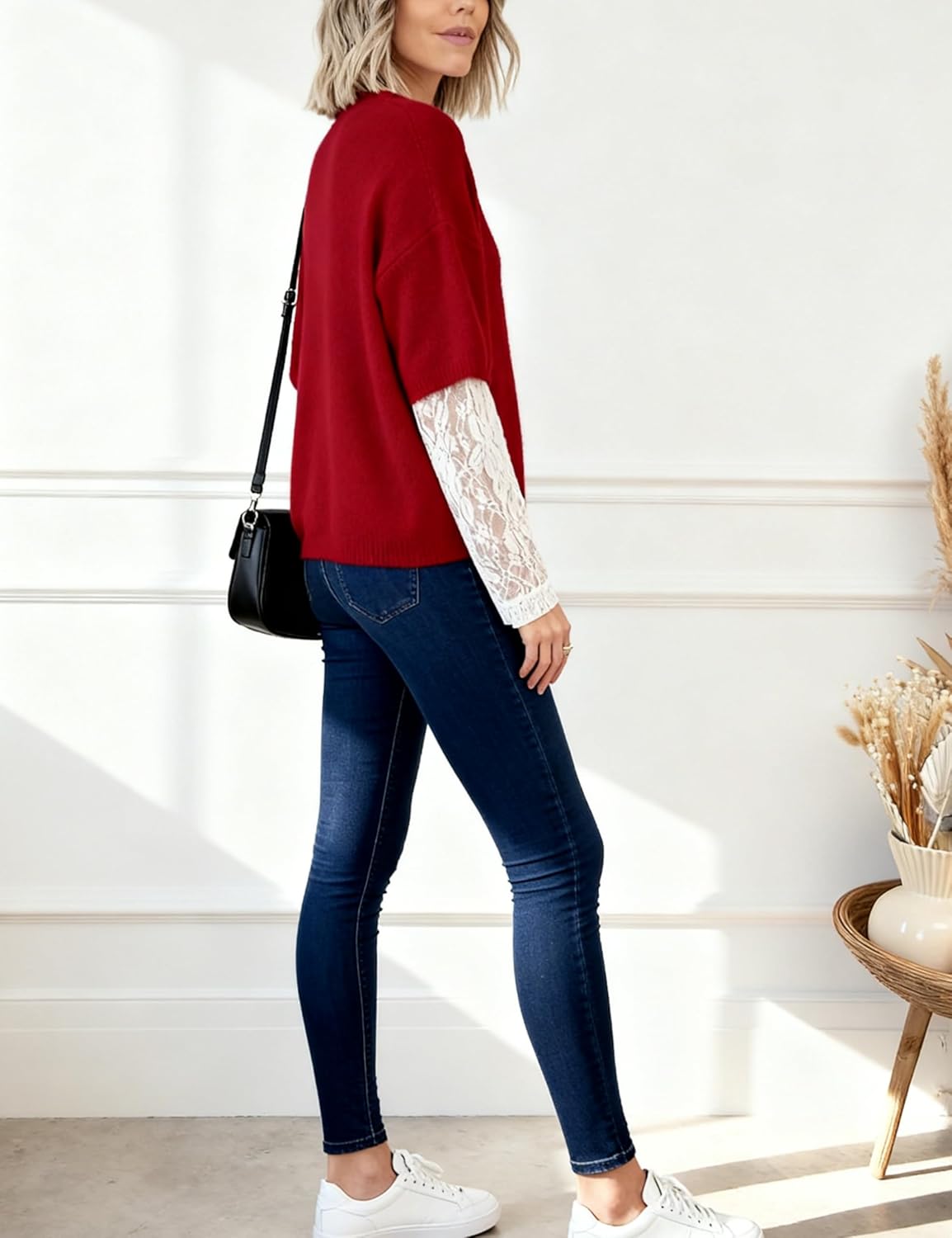 Women's Long Sleeve Sweater Crewneck Lace Patchwork Pullover Casual Lightweight Ribbed Knit Tops - Image 6