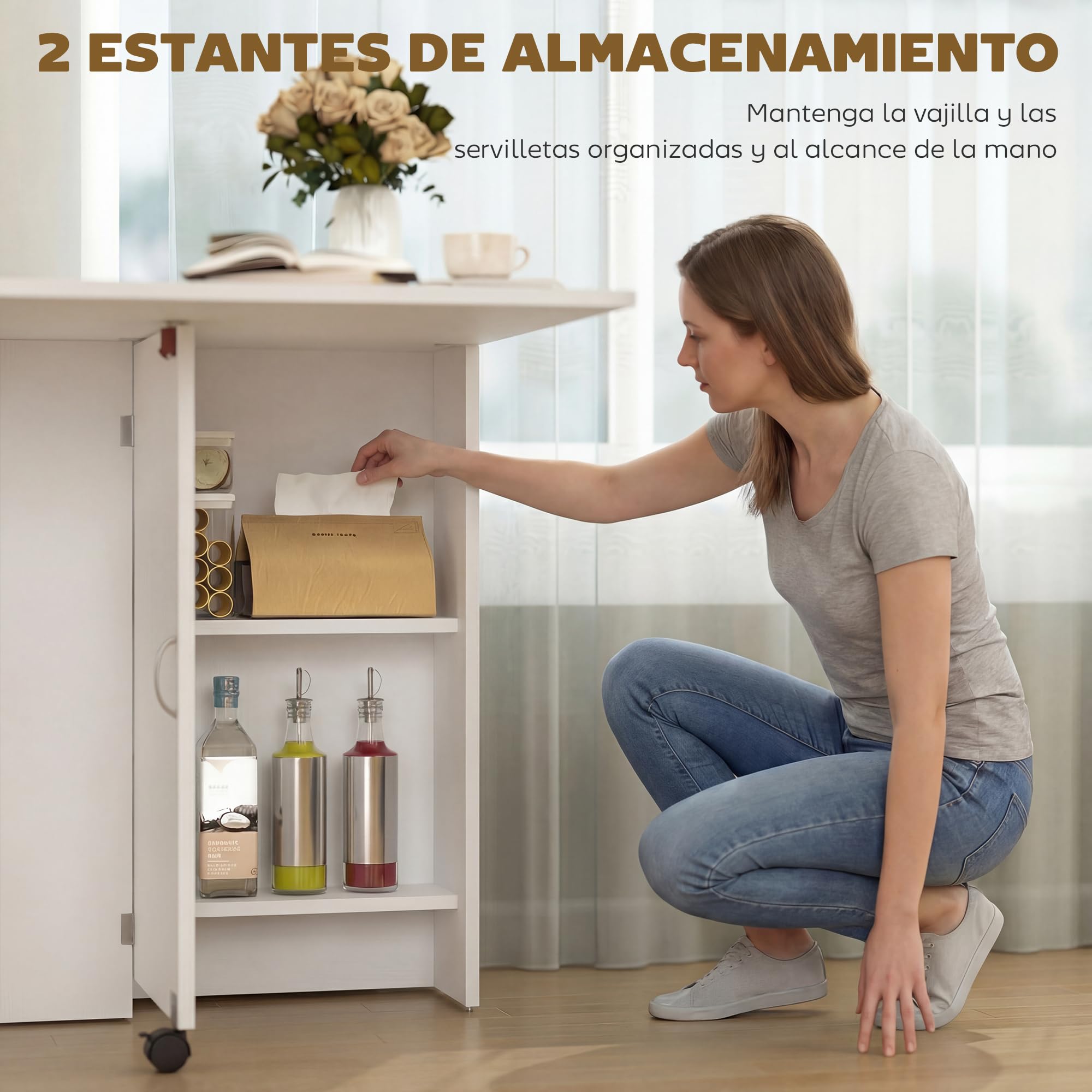 HOMCOM Mesa Plegable de Comedor Mesa de Cocina Plegable con Ruedas Alas Abatibles y Estantes para 4-6 Personas 75x140x74 cm Blanco