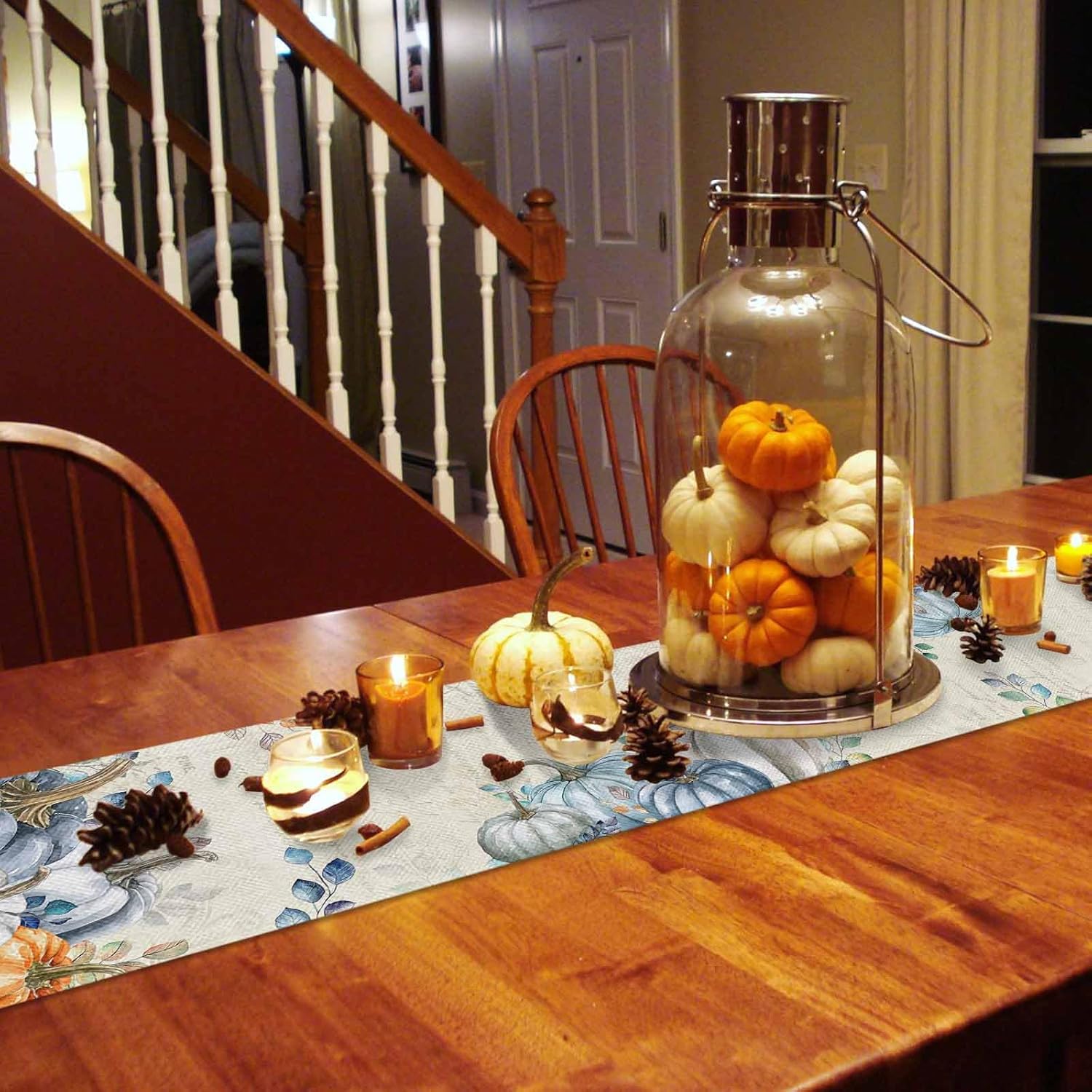 Fall Table Runner 13x120 Inches Long Thanksgiving Pumpkin Runner for Table Teal Blue Eucalyptus Leaves Table Runners Cotton Linen Dresser Scarf for Kitchen Coffee Dining Autumn Holiday Party Decor