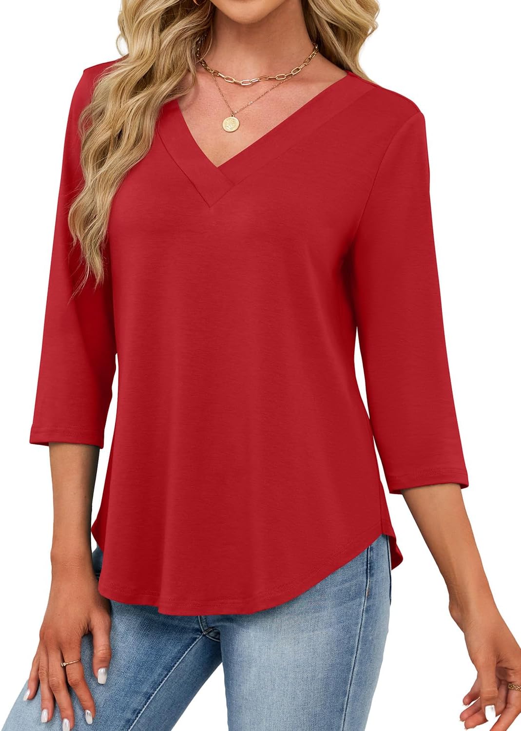 JUSTFASHIONNOW Womens 3/4 Length Sleeve Tops V Neck Split Tunic Tops Flowy T Shirts Summer 2026 Dressy Casual Blouses - Image 3