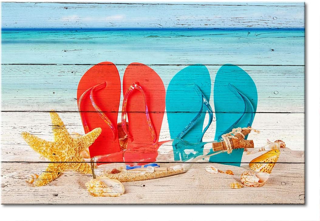 ArtHome520 Turquoise Sea Ocean Beach Board Home Decor Starfish Shell Canvas Print Pictrue Wall Art Bathroom Living Dining Room Artwork Modern Framed (16''x24'')